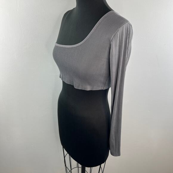 Maniere De Voir Gray Cropped Top Stretch Rib One Shoulder Pullover Top Size 12 - Picture 5 of 10